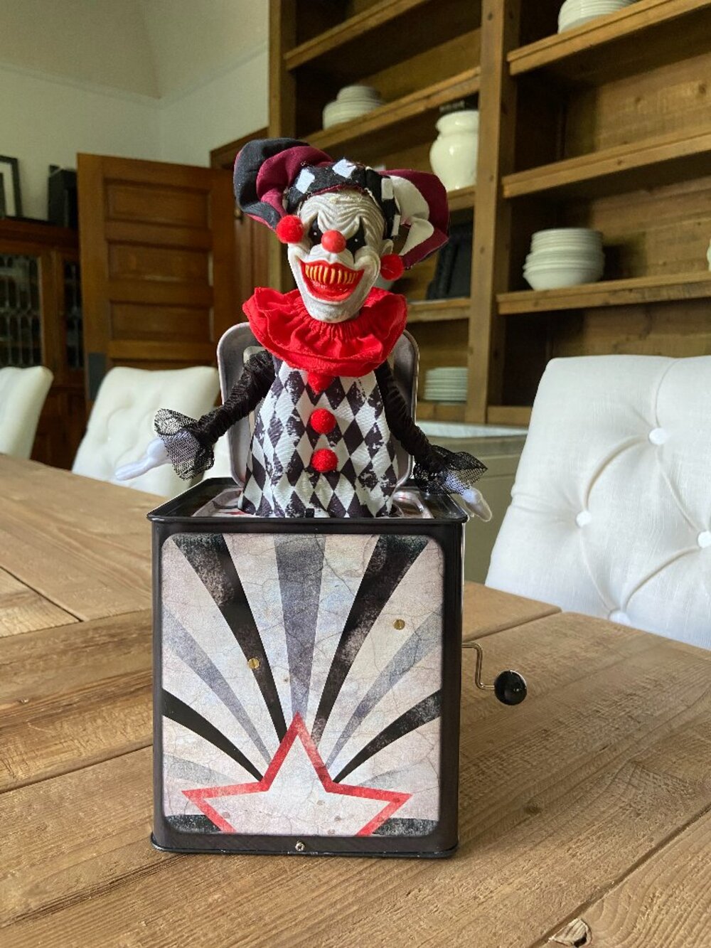 vintage halloween jack in the box clown, creepy clown jack in the box, light up